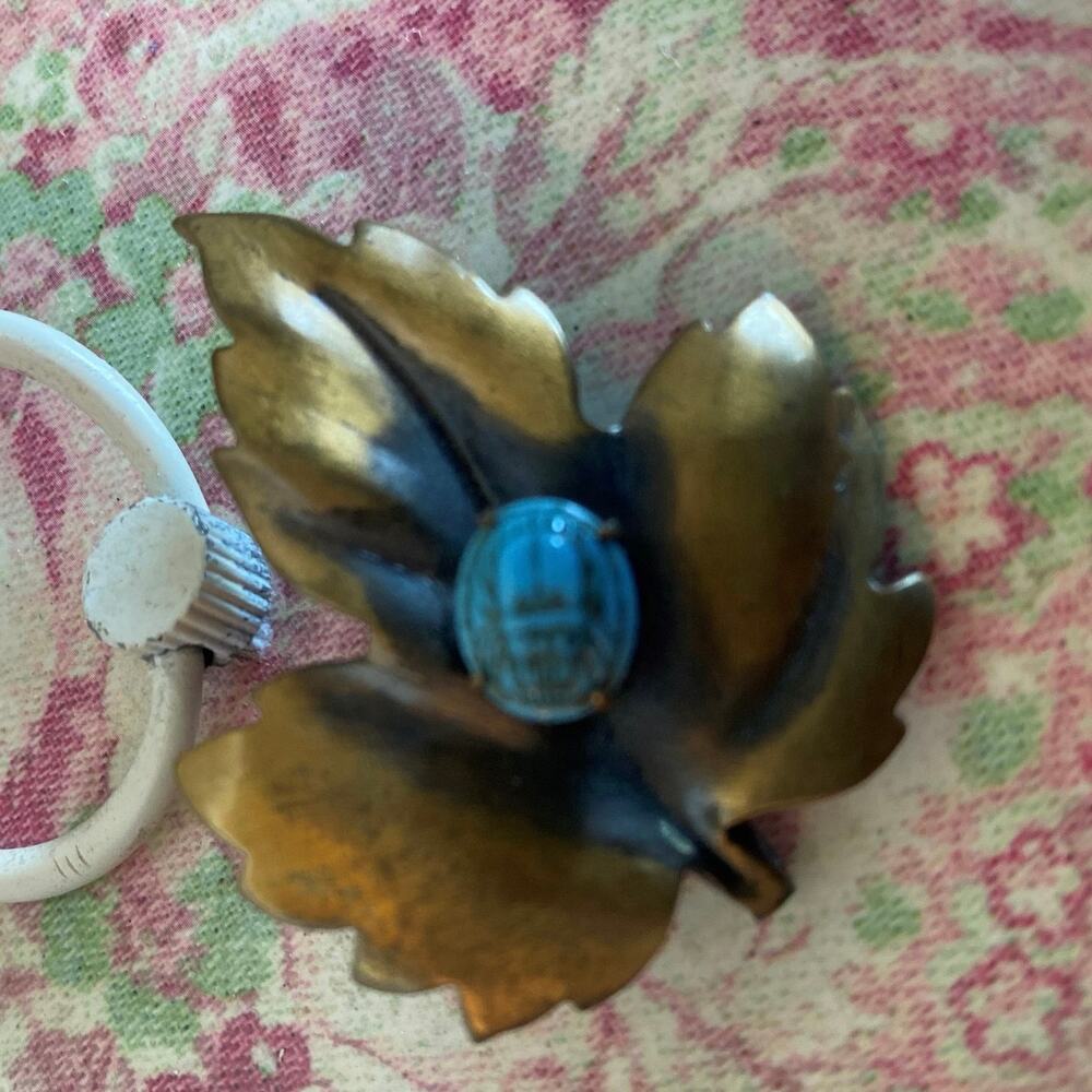 Vtg 80’s Style Bronze Leaf Brooch, Pin w/blue bead, 1 1/2 X 2' inches,